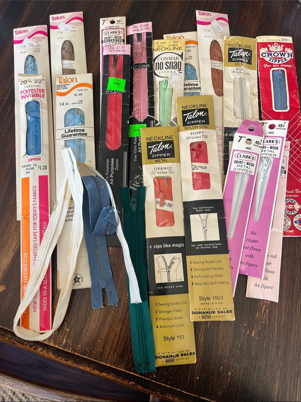 Talon Assorted Vintage Neckline Zippers — Green, Blue, White, Pink, Tan
